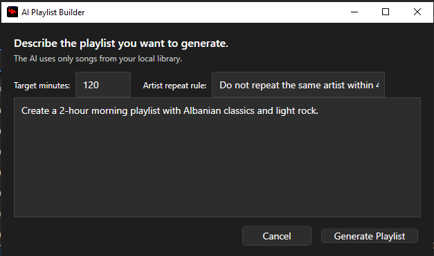 AI Playlist Builder dialog with a prompt describing a two-hour morning playlist, target minutes and artist repeat rule