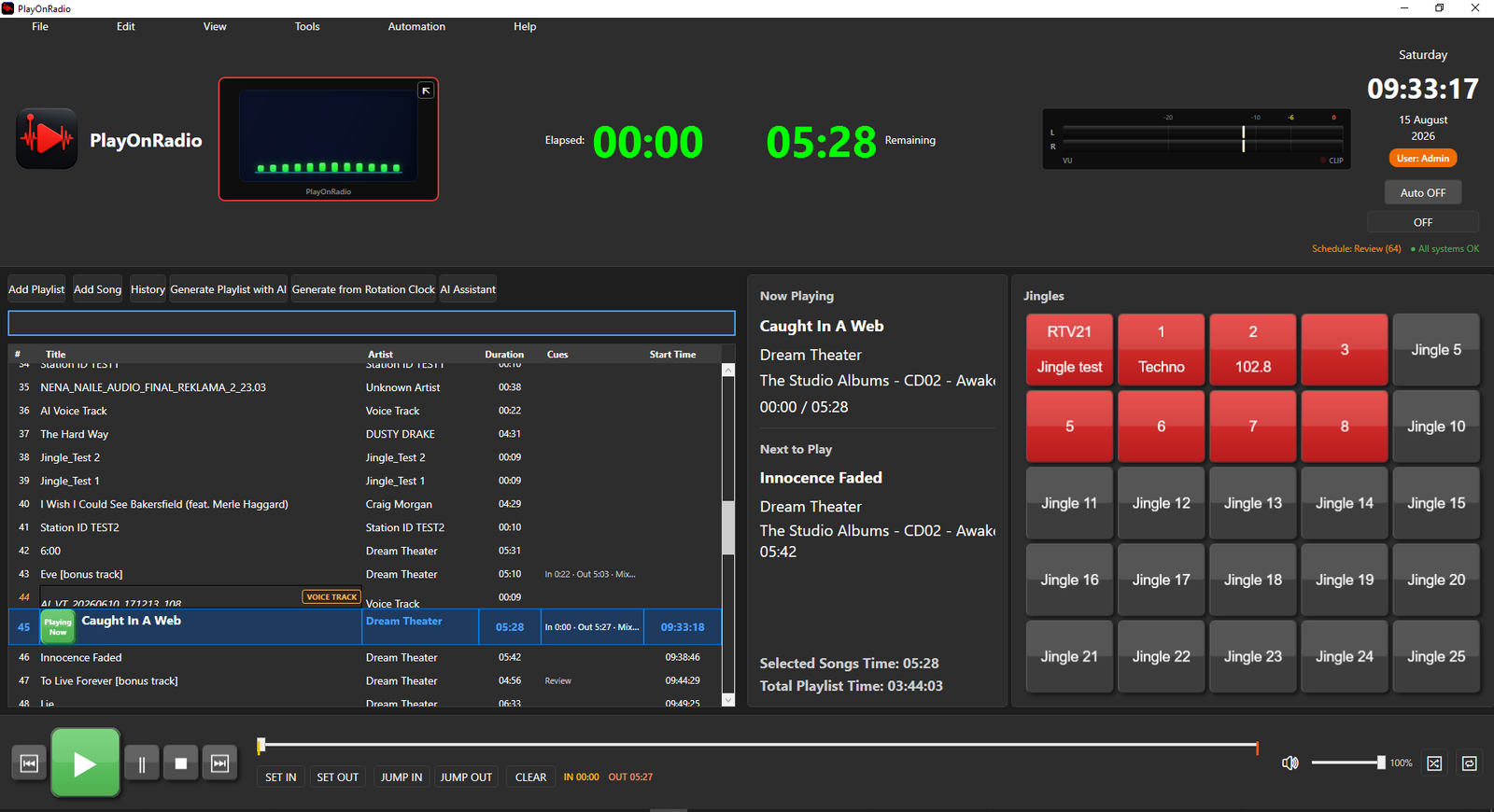 PlayOnRadio main screen with spectrum analyser and digital VU meter