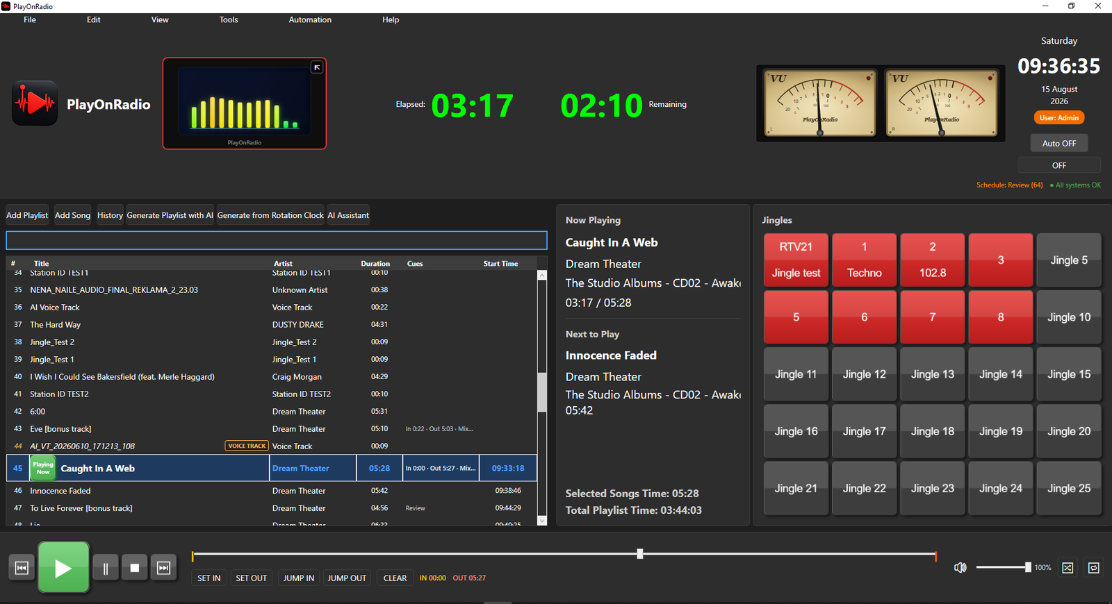 PlayOnRadio main screen with classic analogue VU meters