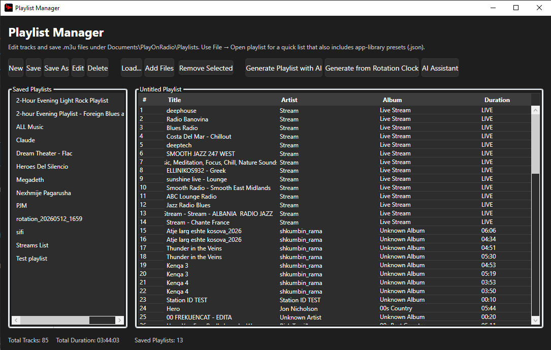 Playlist Manager window with saved playlists in a sidebar and a track list showing live streams and songs