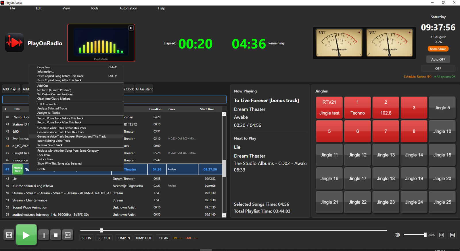 Playlist context menu with options for cue points, intro and outro markers, voice track recording and generation, and track analysis