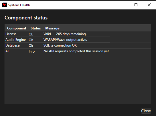System Health window showing component status rows for License, Audio Engine, Database and AI